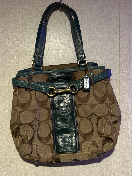 Coach Handbags - Coach Hampton Jackie Signature Canvas Tote with Emerald Python Trim